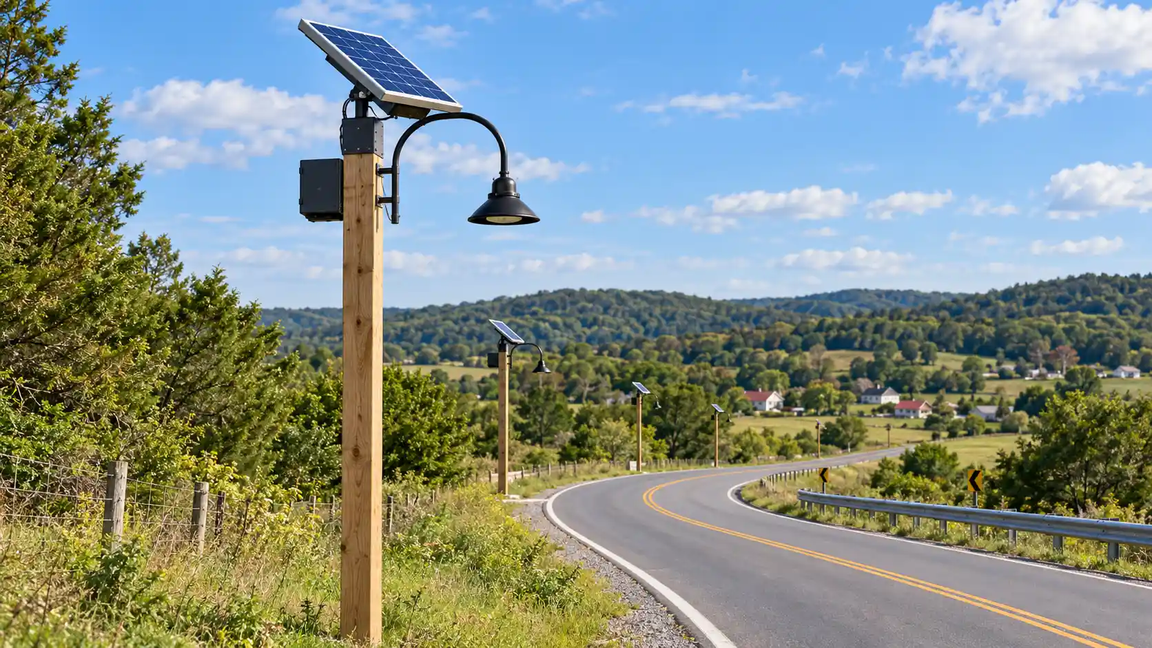 Solar Street Light Mounting on a Wooden Pole Separate solar panel, equipment enclosure and curved lamp mounted on a wooden pole beside a rural road
