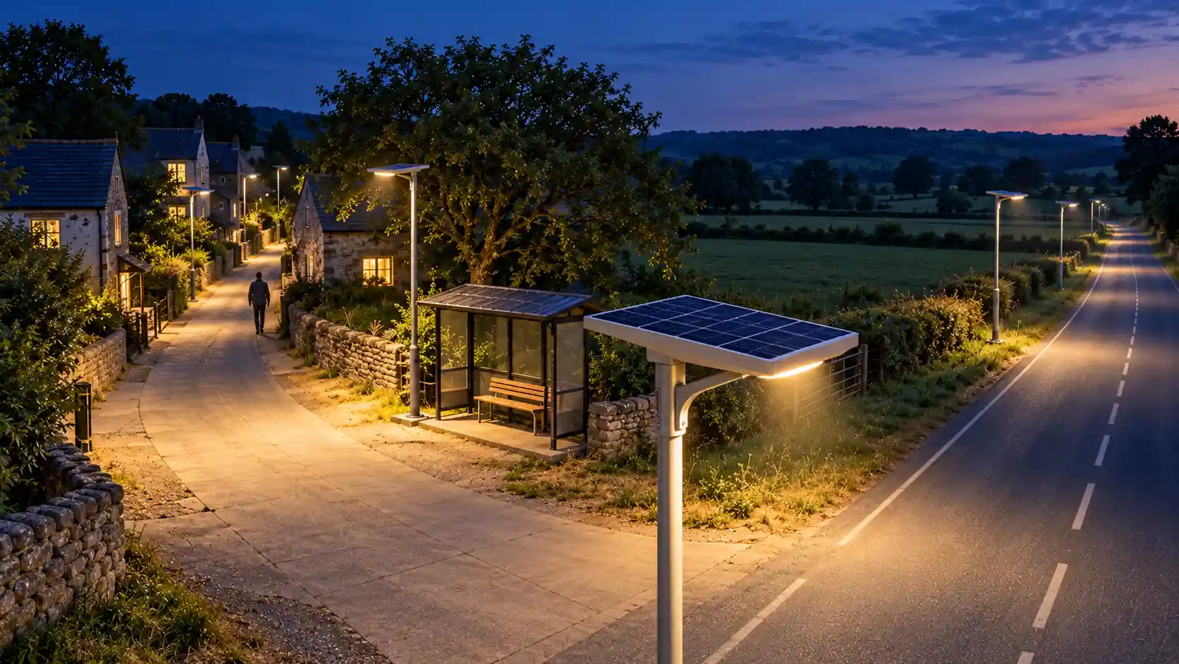 Solar Street Lighting at a Rural Village Junction Concept illustration of solar street lights at a rural village junction at dusk