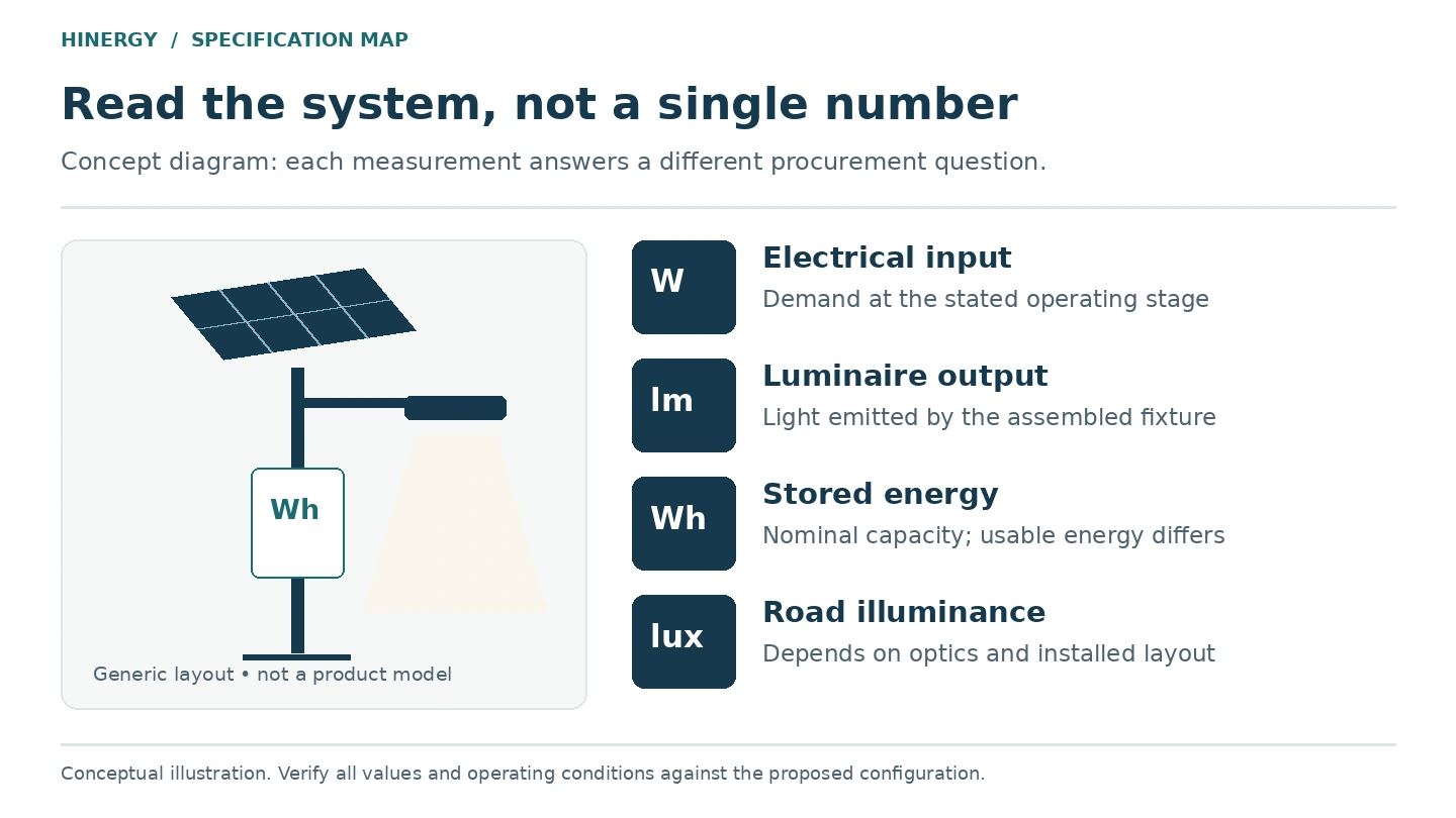 Solar Street Light Specification Measurements Conceptual solar street light diagram distinguishing electrical input in W, luminaire output in lm, battery energy in Wh and road illuminance in lux