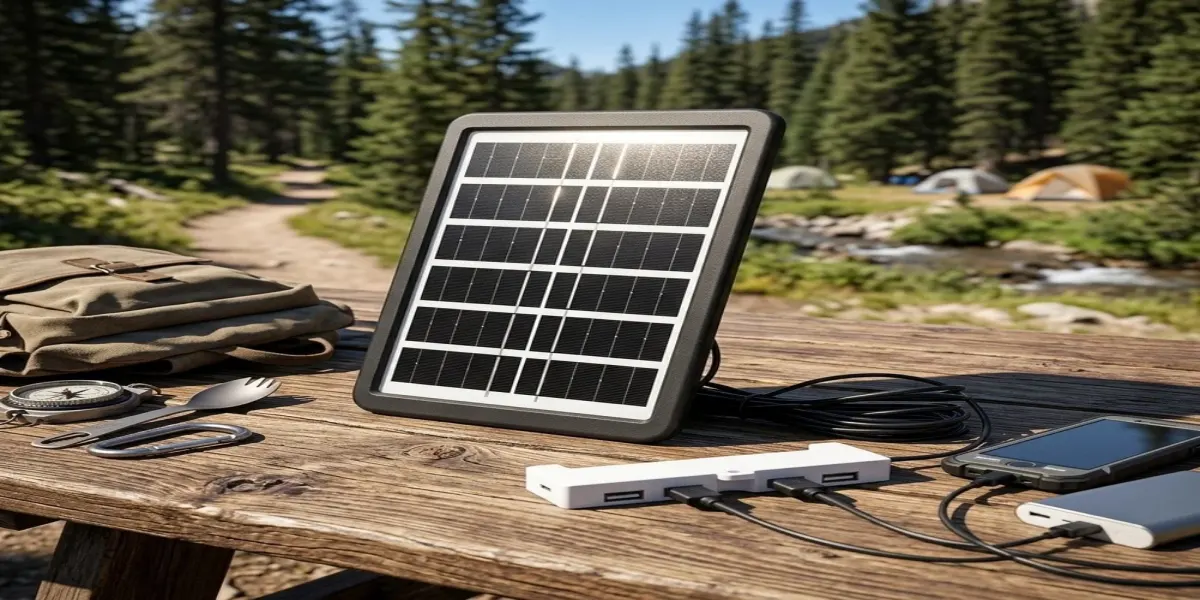Portable USB solar panel charging devices in outdoor sunlight portable-usb-solar-panel-outdoor-power.webp