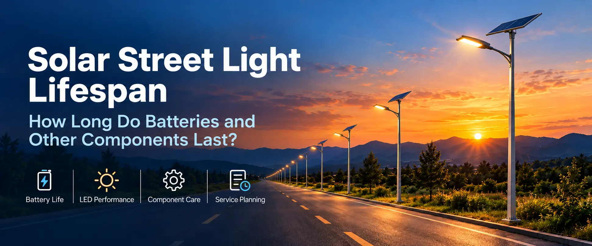 solar Street Light Lifespan: Batteries and Other Components Hinergy solar street light lifespan guide header showing solar street lights along a road at sunset