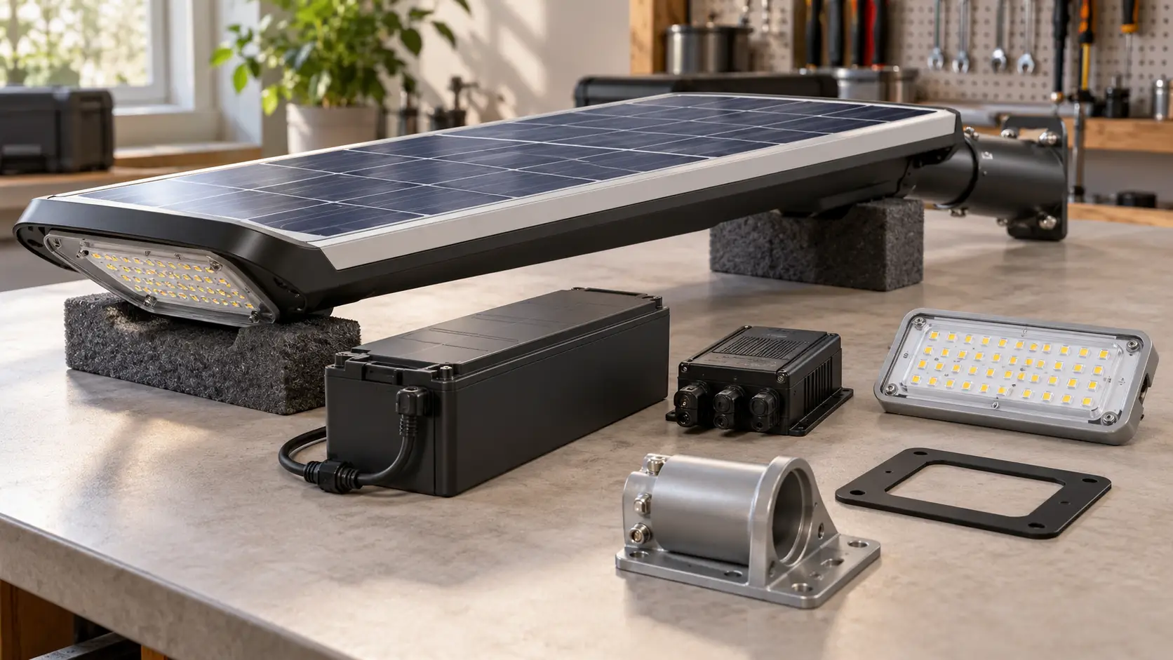 Solar Street Light Components for Service-Life Assessment Concept arrangement of a solar street light, battery pack, controller, LED module, mounting bracket and gasket