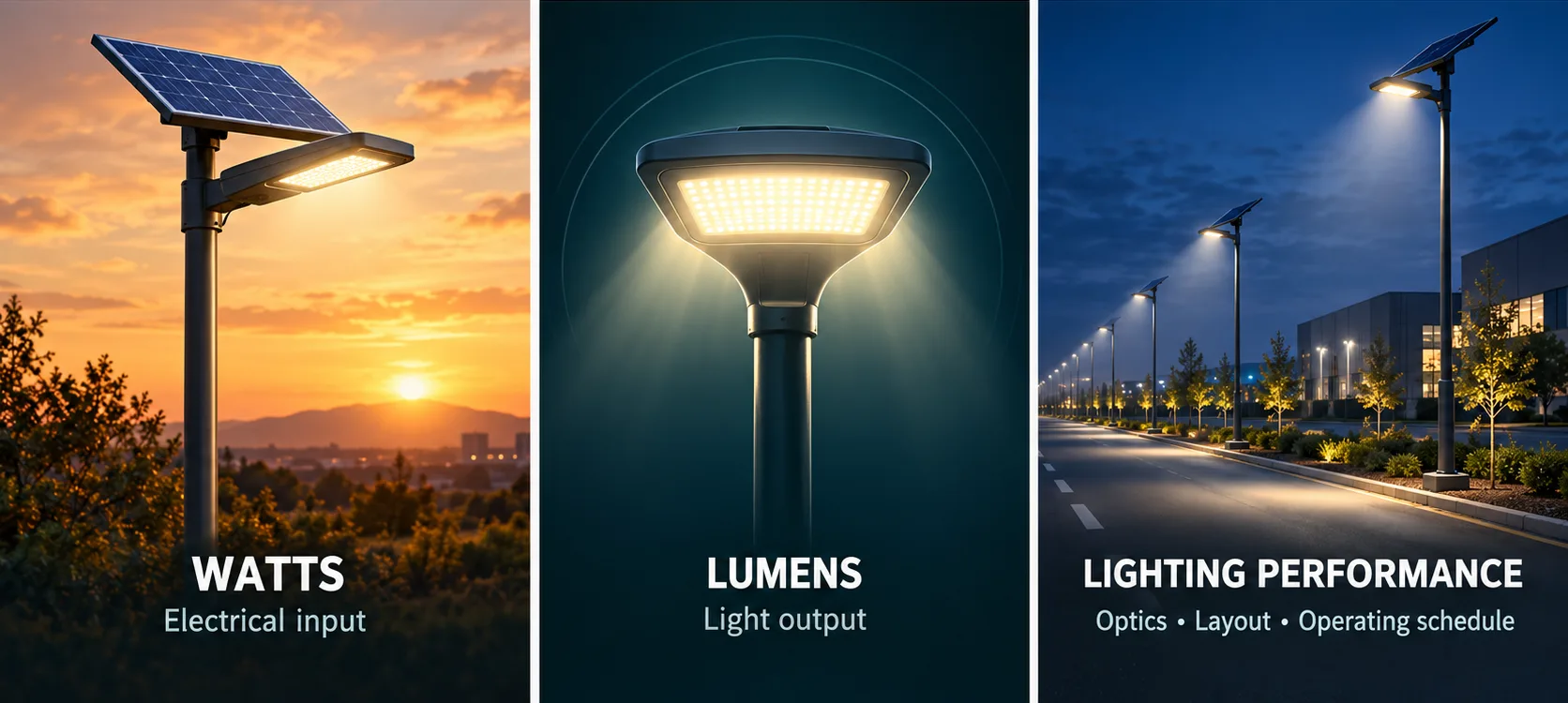 Solar Street Light Wattage and Lumens: Choosing the Right Output Solar street light wattage and lumens concept showing electrical input, LED light output and nighttime road lighting