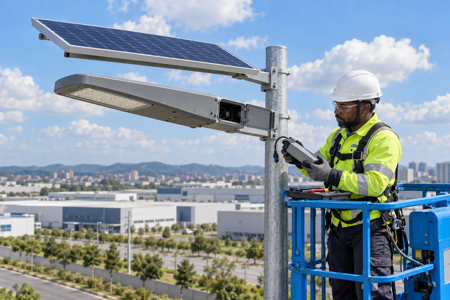 Solar Street Light Battery Replacement Technician checking a replacement battery beside an open solar street light service compartment in an industrial park