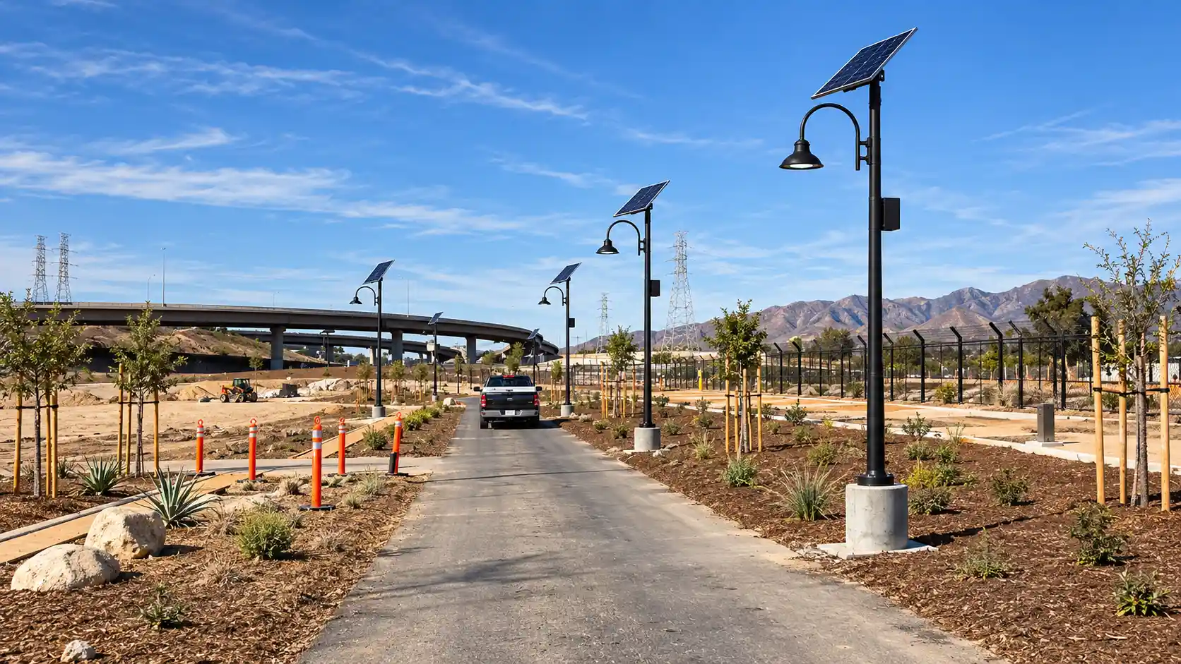 Solar Street Light Installation and Site Works Concept illustration of solar street lights, concrete pole bases and site works along a new access road