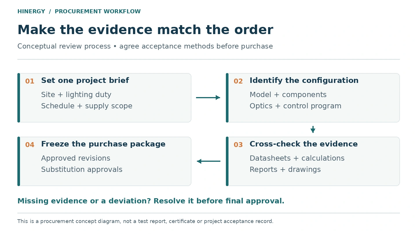 Solar Street Light Specification Review Workflow Four-step procurement workflow from project brief and configuration identification to evidence checks and an approved purchase package