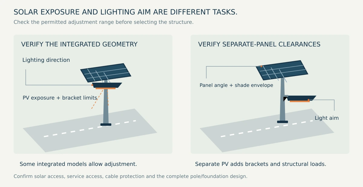 Solar Panel Positioning and Street Light Aim Conceptual comparison of solar panel positioning and lighting direction in integrated and separate-panel street lights