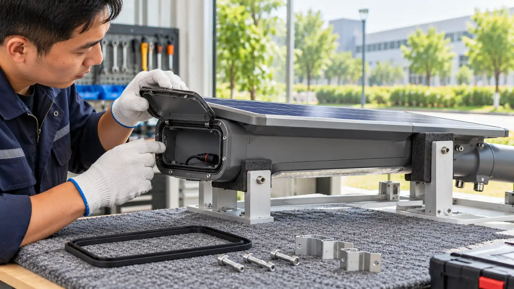 Solar Street Light Service Access and Seal Inspection Technician inspecting a service-cover gasket and connector on a solar street light housing