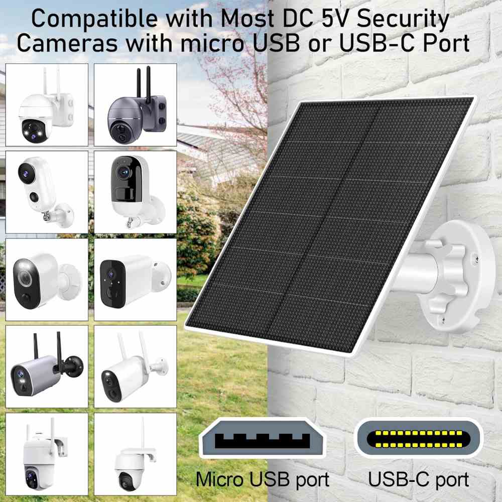 Hinergy Waterproof Small Solar Panel DC 5V Output Micro Usb Type C Port for Security Camera