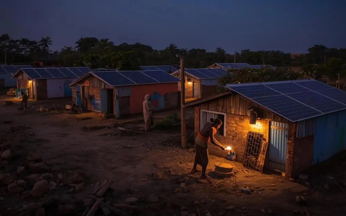Solar home lighting system providing clean LED lighting for a rural family home using solar panels and rechargeable battery storage