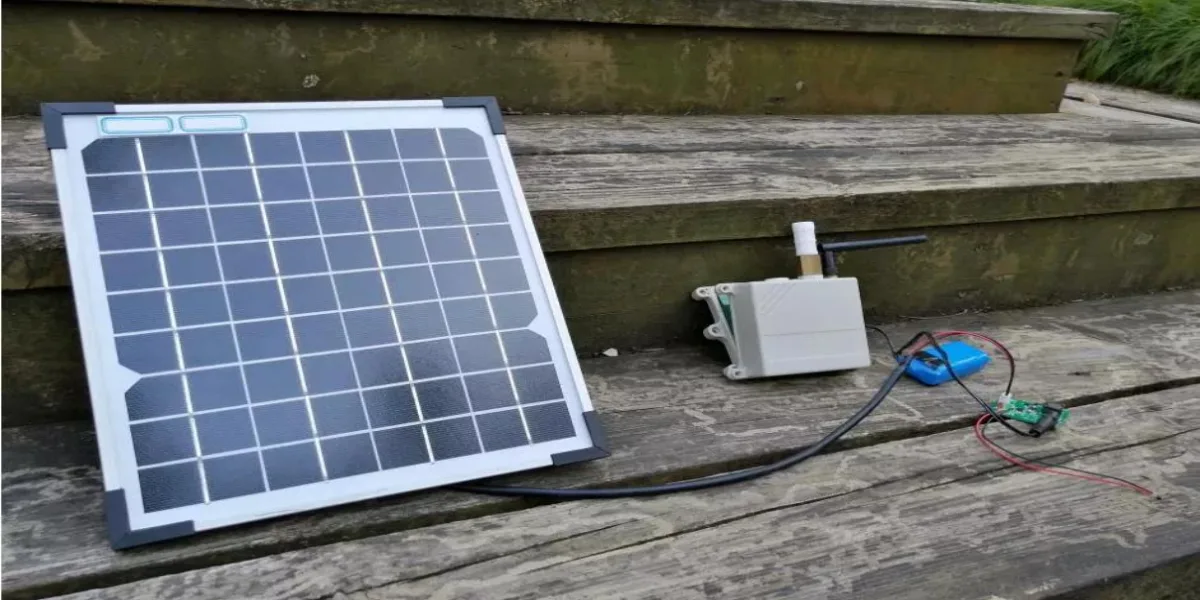Pre-wired mini solar panel with cable powering LED lights and IoT devices