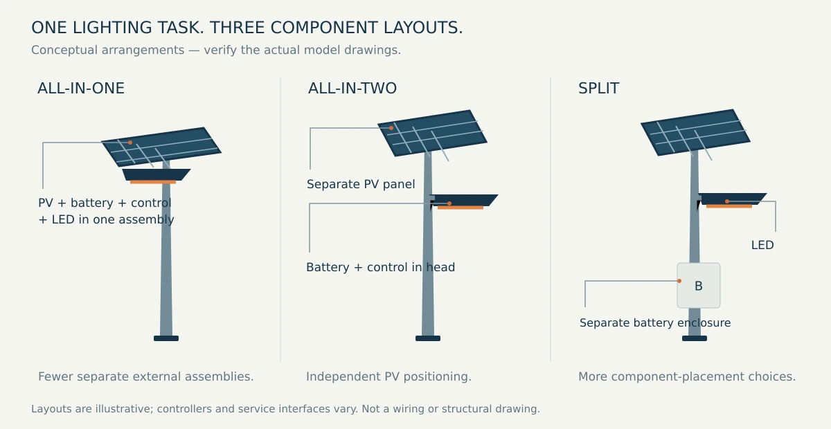 Solar Street Light Component Layouts Conceptual component layouts for all-in-one, all-in-two and split solar street lights