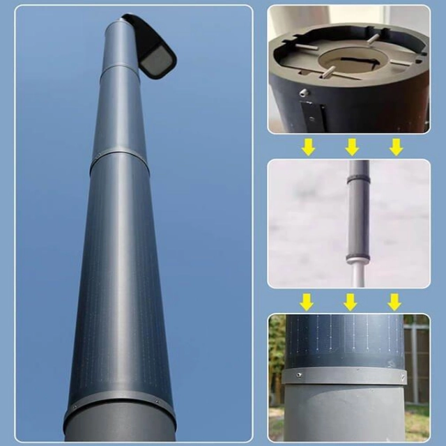 Installation process of cylindrical solar panel on a solar street light pole