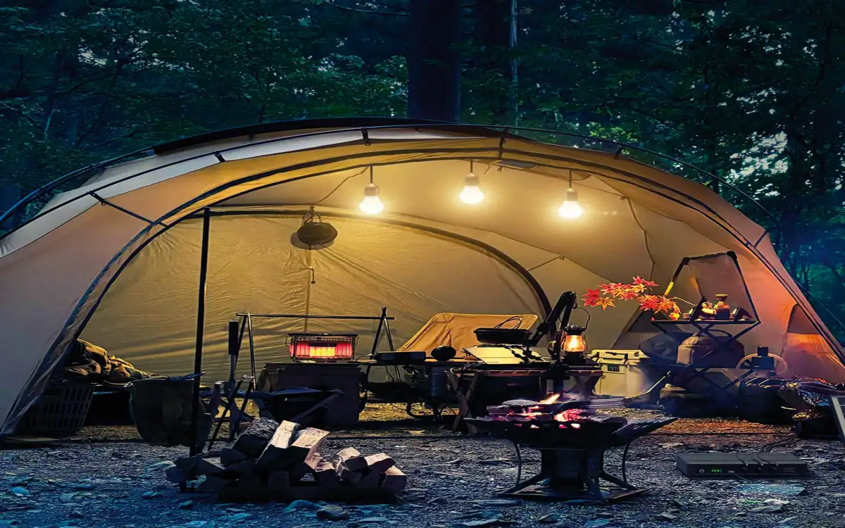 Portable Solar LED tent lighting kit illuminating the interior of a camping tent using a rechargeable home solar light kit with battery
